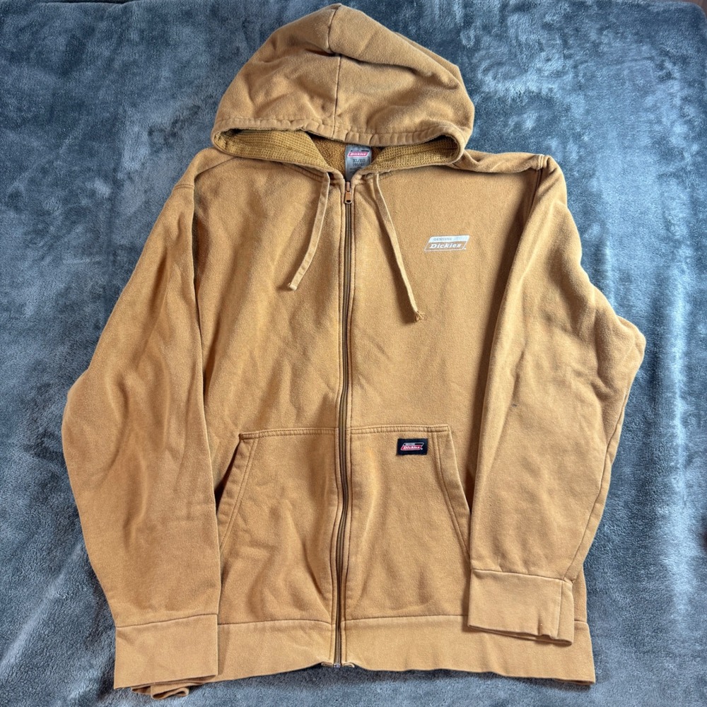 Genuine Dickies Mens XL Full Zip Hoodie Brown Waffle Lined Hood Sweatshirt